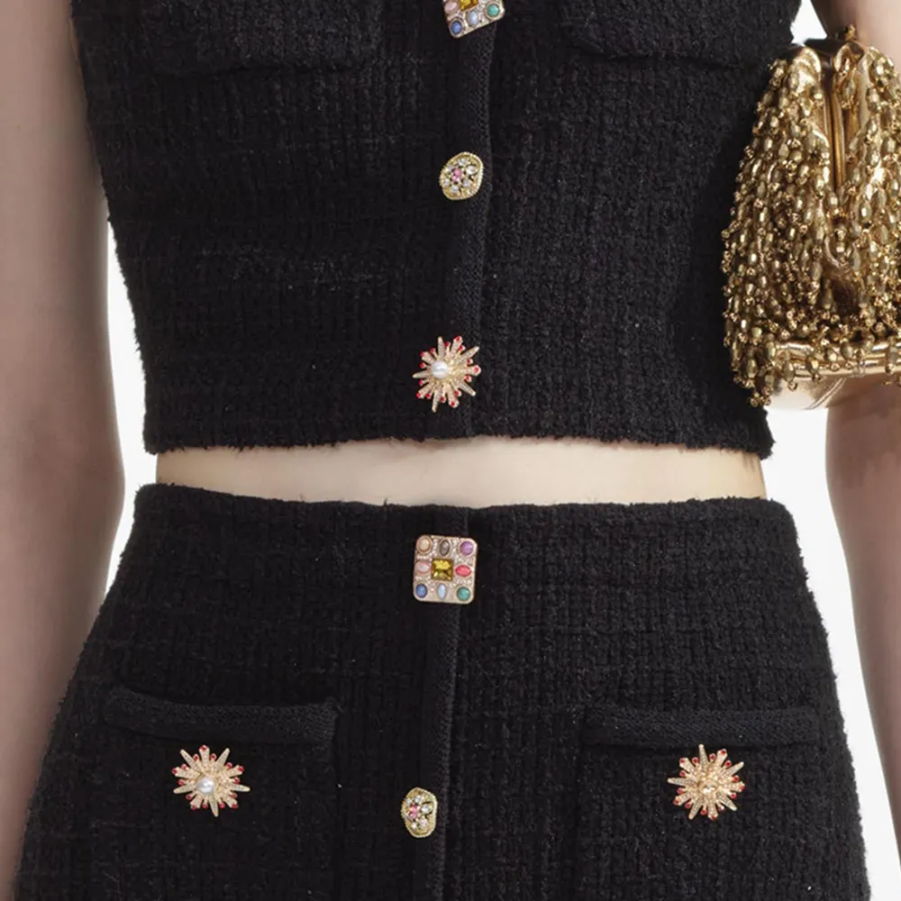 Black Jewel Button Knit Mini Skirt