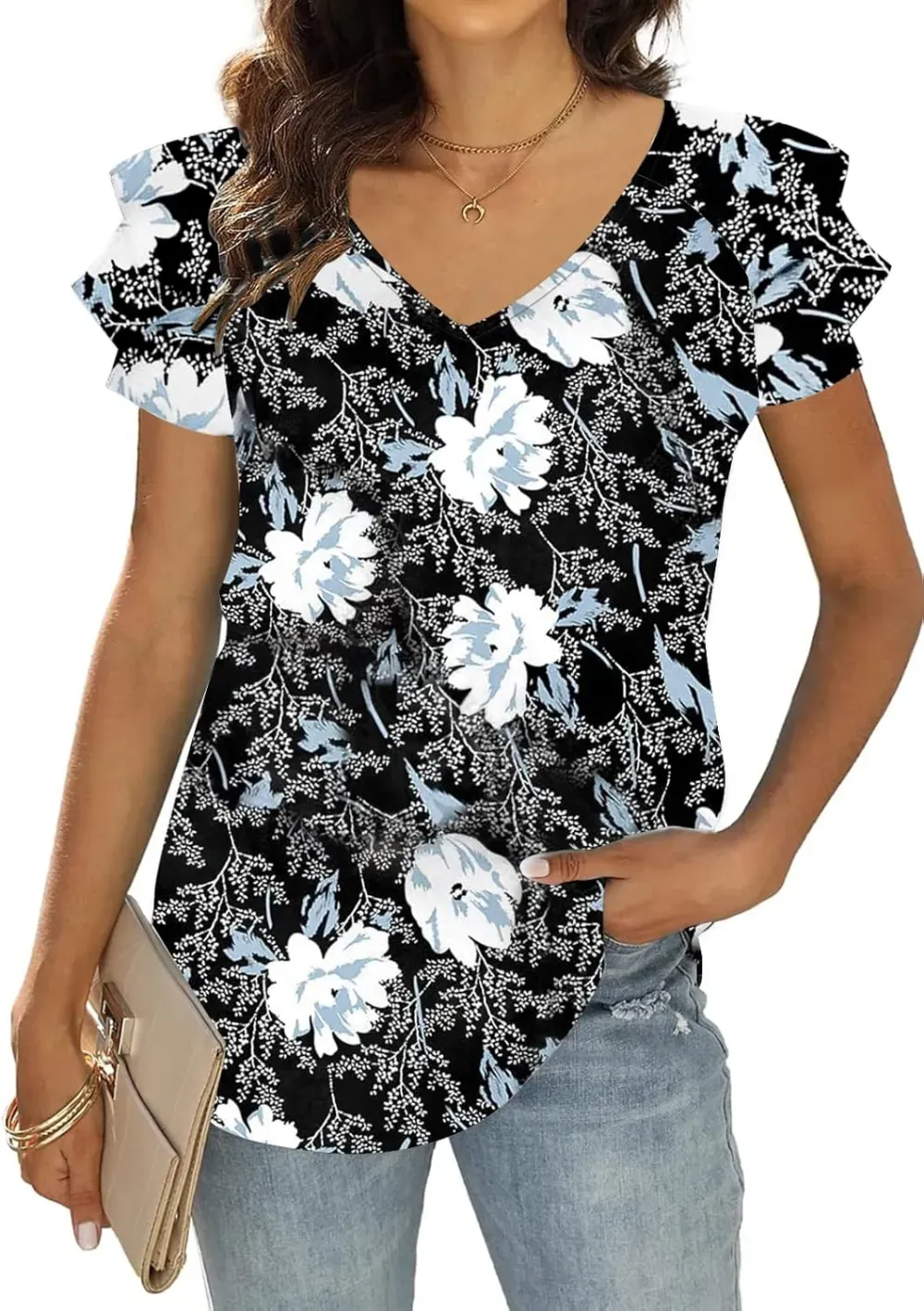 T&Twenties Womens Summer Tops Ruffle Short Sleeve Tunic Tops V Neck Loose Fit Flowy T-Shirts