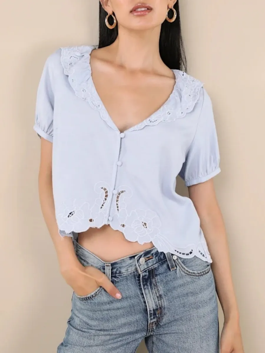 Eyelet V-Neck Short Sleeve Blouse