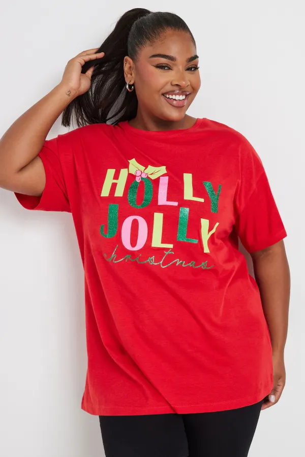 YOURS Curve Red 'Holly Jolly Christmas' Slogan T-Shirt