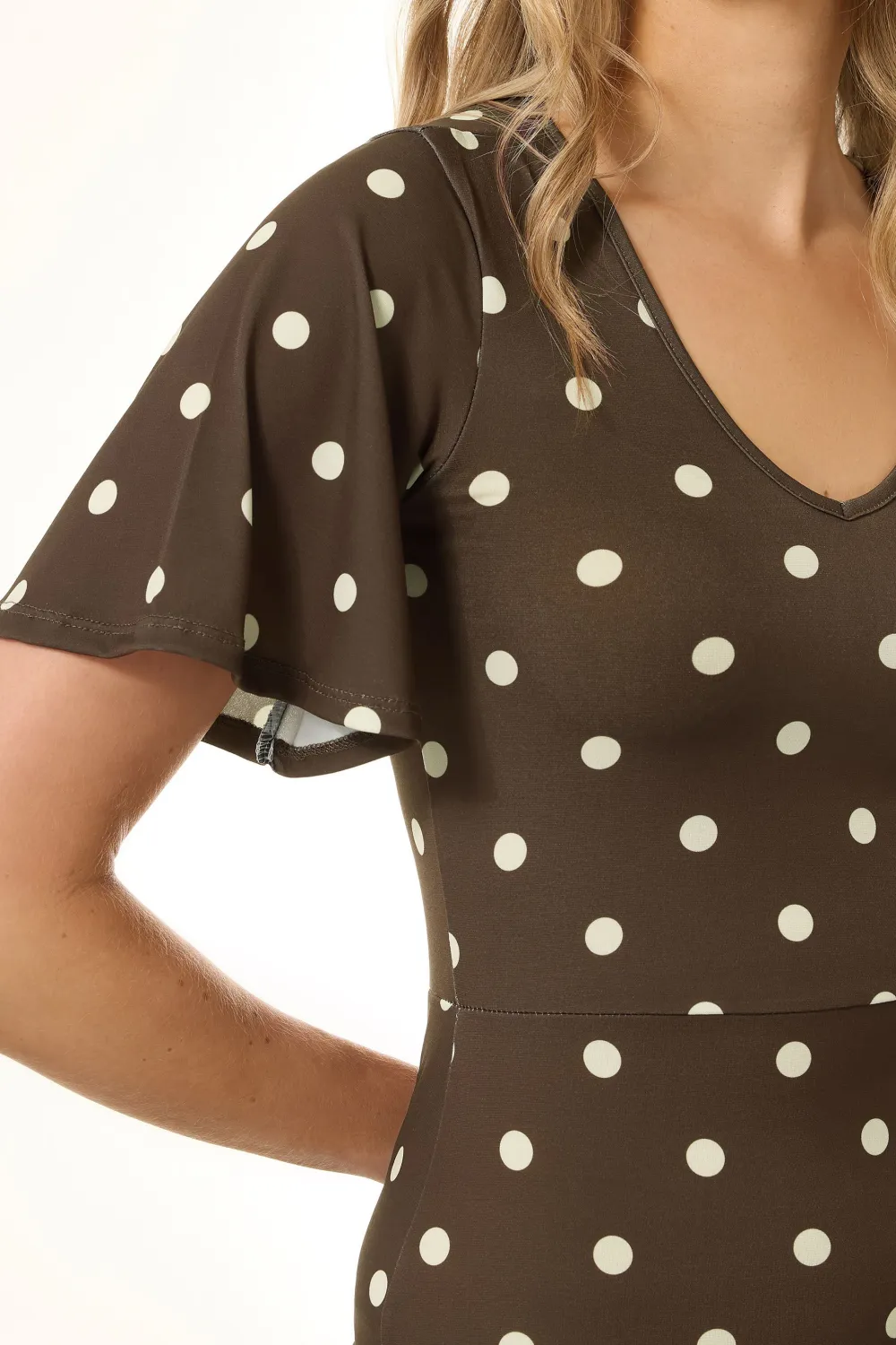 Brown Spot Polkadot Angel Sleeve Maxi Dress