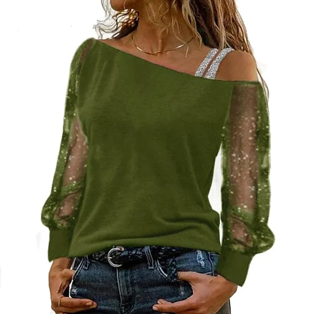 women‘s fashion clothing casual diagonal neck long sleeve top women sexy off shoulder loose t-shirt plus size