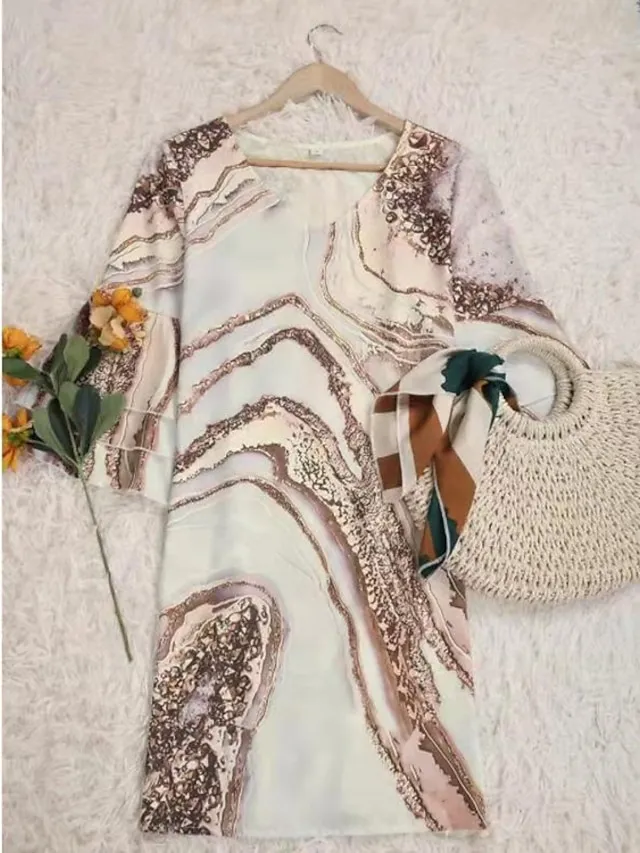 Women‘s Shift Dress Short Mini Dress Blue Gold 3/4 Length Sleeve Abstract Layered Print Summer Spring V Neck Casual Vacation Loose 2023 S M L XL XXL XXXL