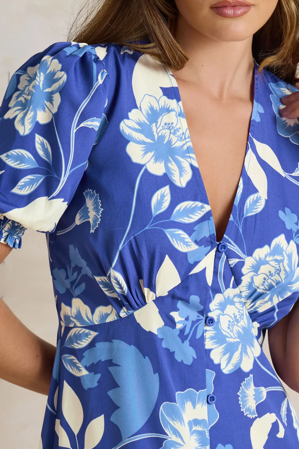 Blue Floral Puff Sleeve Casual Style Tea Dress