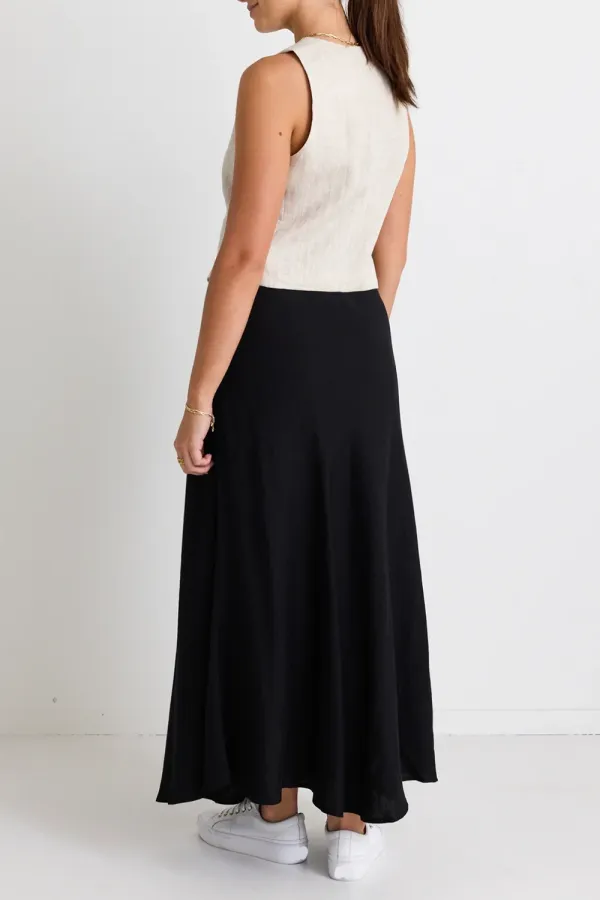 Linen Black Floaty Bias Cut Maxi Skirt