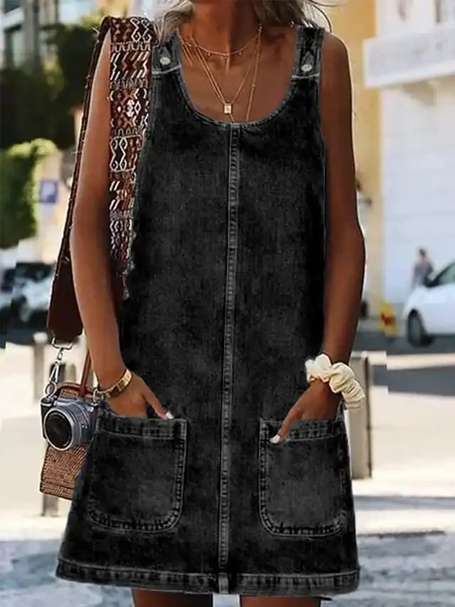 Women's Casual Dress Shift Dress Denim Overall Pinafore Dress Mini Dress Denim Fashion Modern Outdoor Daily Vacation U Neck Pocket Sleeveless Summer Spring 2023 Regular Fit Black Blue Gray Plain S M