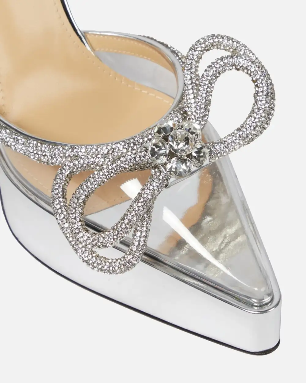 Crystal Bow Platform Flared Heels in Silver