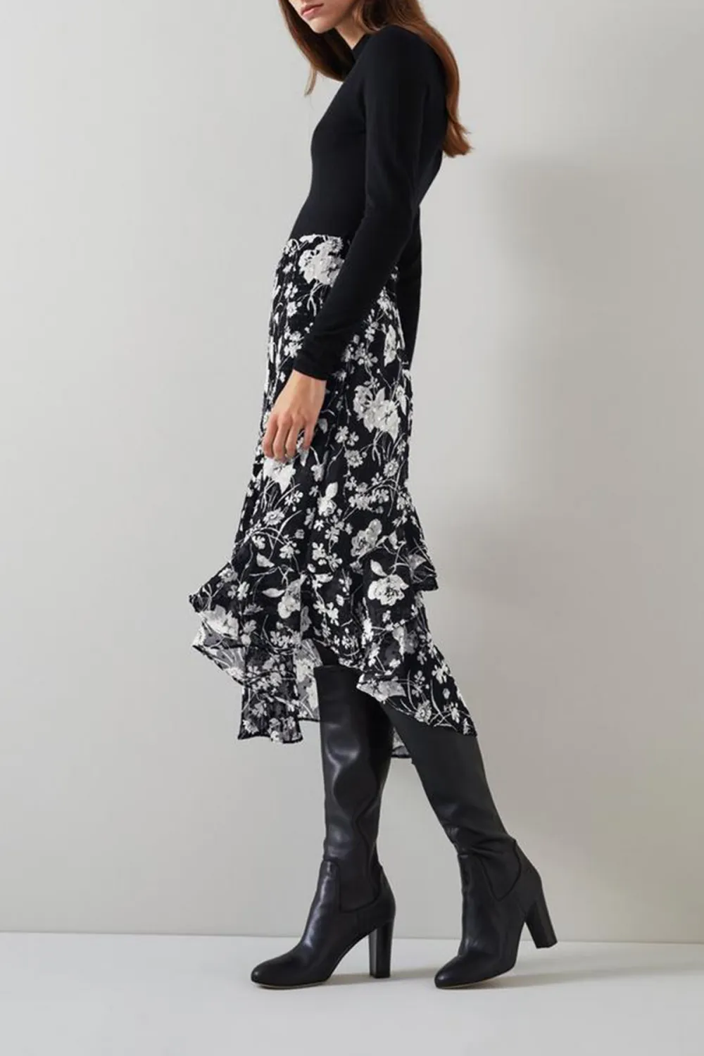 Black Cream Floral Print Tiered Midi Skirt