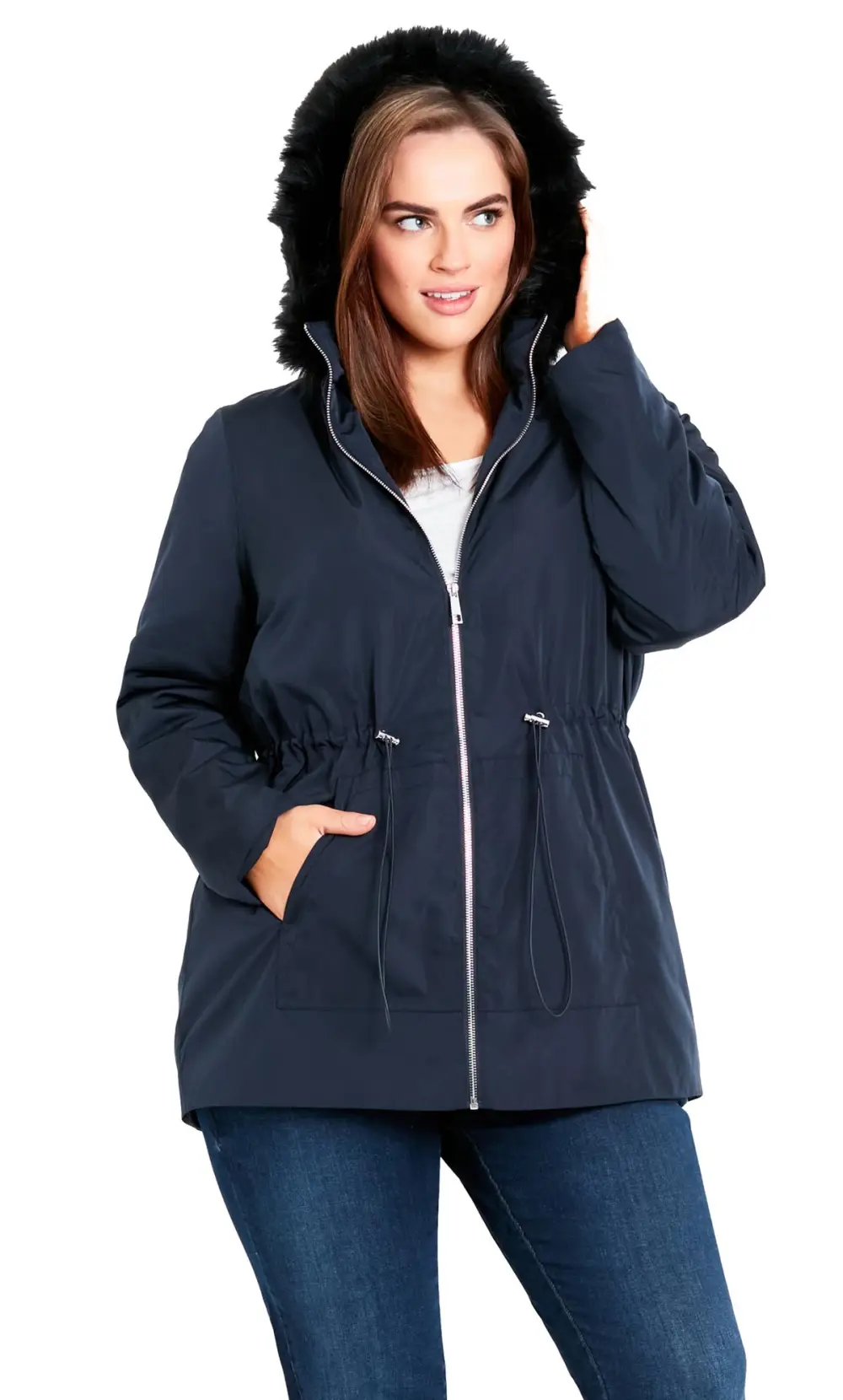Evans Navy Blue Faux Fur Hooded Parka Coat
