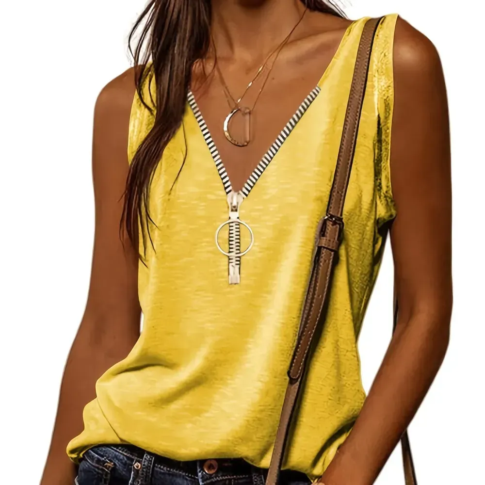 Casual V-neck Zipper Cami Top, Solid Fashion Sleeveless Loose Summer Fit Tank Top, Women's Clothing
