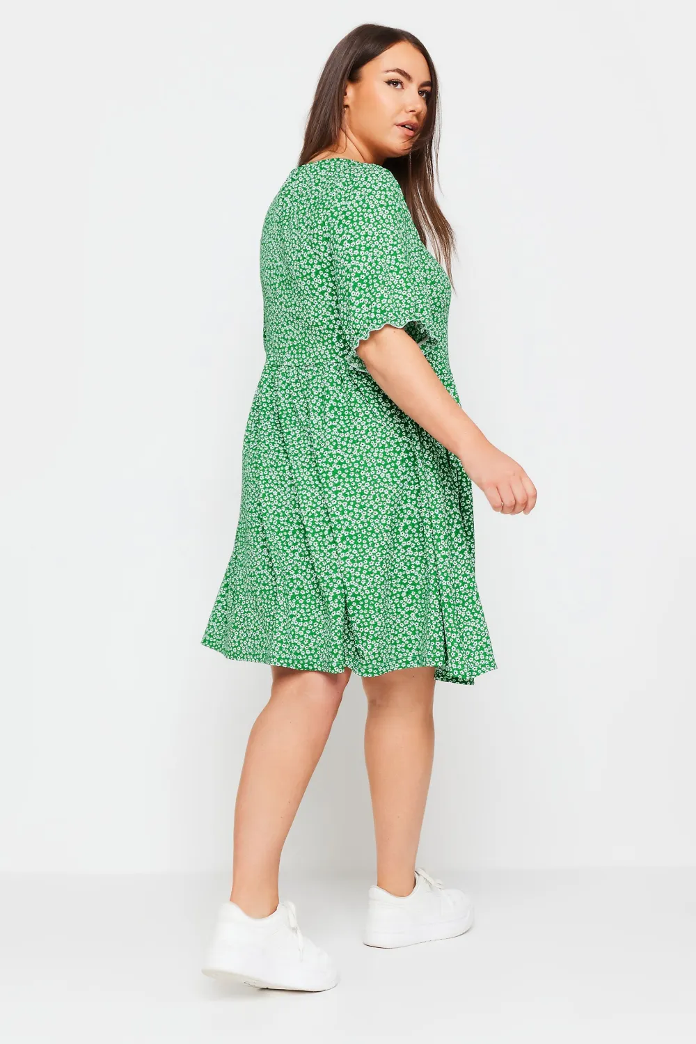 YOURS Curve Green Ditsy Floral Print Textured Smock Dress