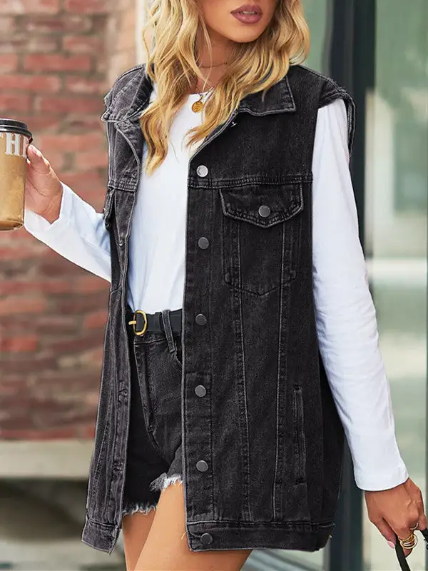 Retro Lapel Neck Denim Vest Outwear