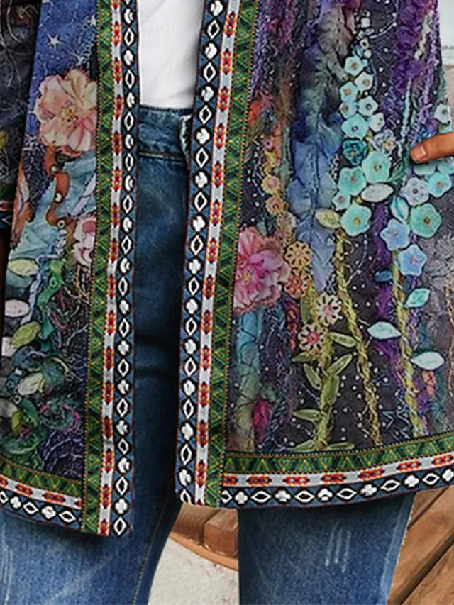 Women's Casual Jacket Floral Print Fall Winter Regular Coat Regular Fit Casual Baroque Jacket Long Sleeve Blue Daily Holiday