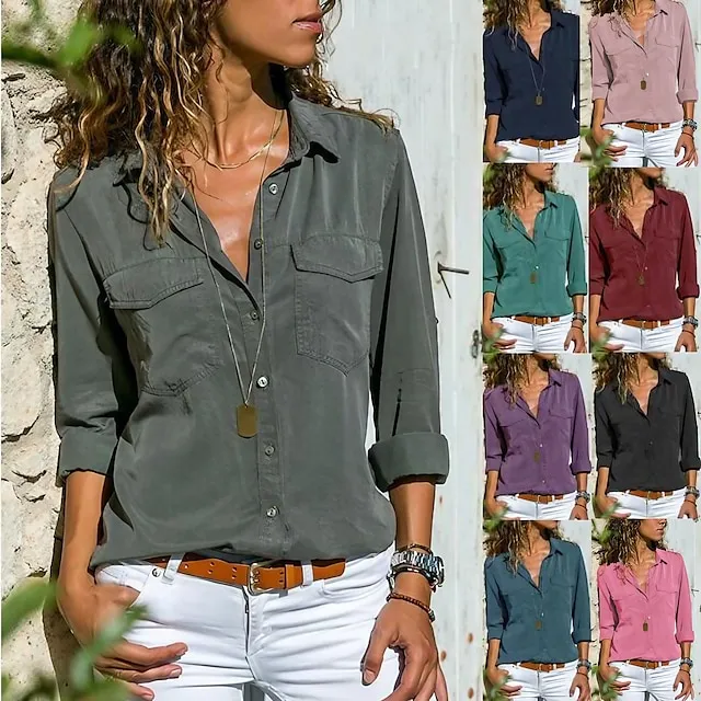 Women's Shirt Blouse Pocket Lapel Collor Long Sleeve Women‘s Clothing Solid Color Daily Basic