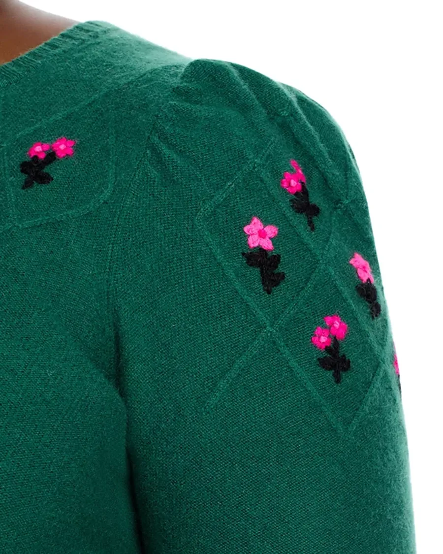 Puff Sleeve Embroidered Floral Cashmere Sweater