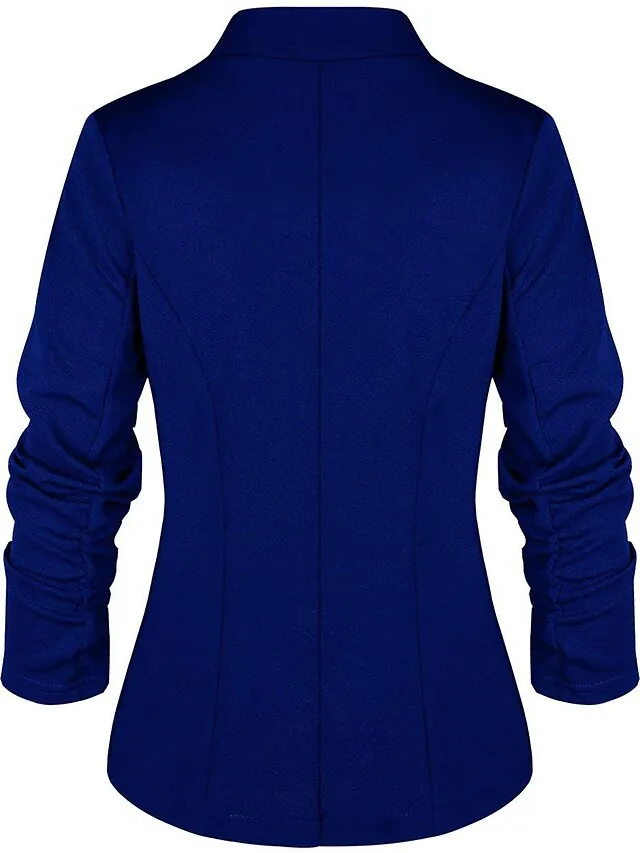 Women's Blazer Formal Office Jacket Open Front Button Plain Windproof Streetwear Pink Regular Fit Outerwear Long Sleeve Spring Navy S