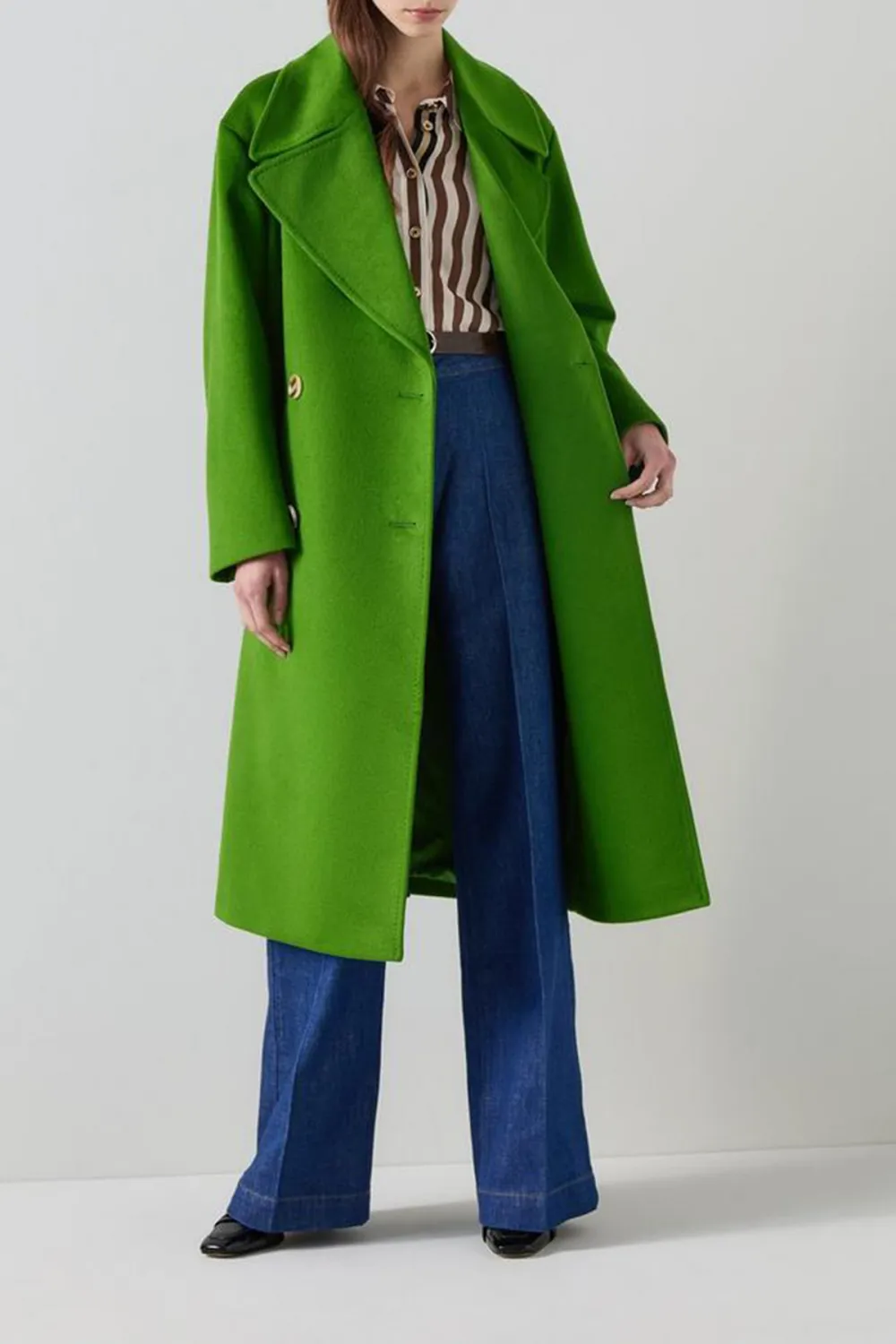 Green Double Breasted Long Wool Coat