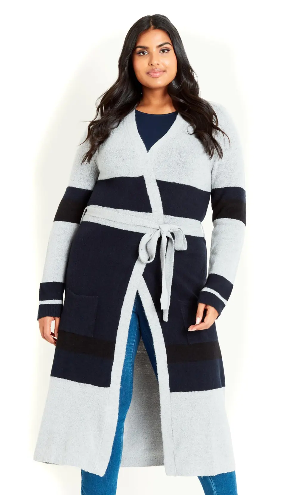 Evans Grey & Navy Blue Colour Block Maxi Cardigan