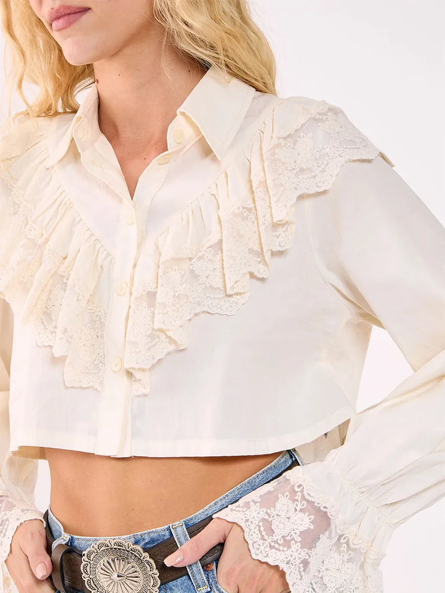 Women'S Cream Lace Ruffle Cropped Shirt