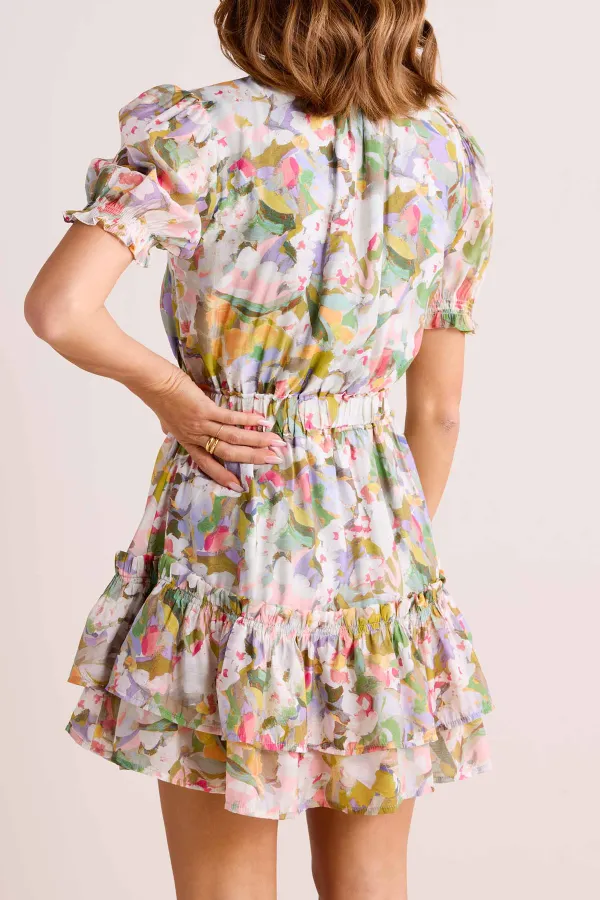 Multicolored Floral Print V-Neck Puff Sleeve Ruffled Dress