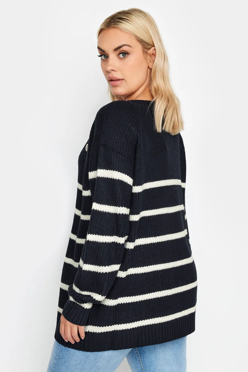 YOURS Curve Navy Blue Stripe Button Detail Jumper