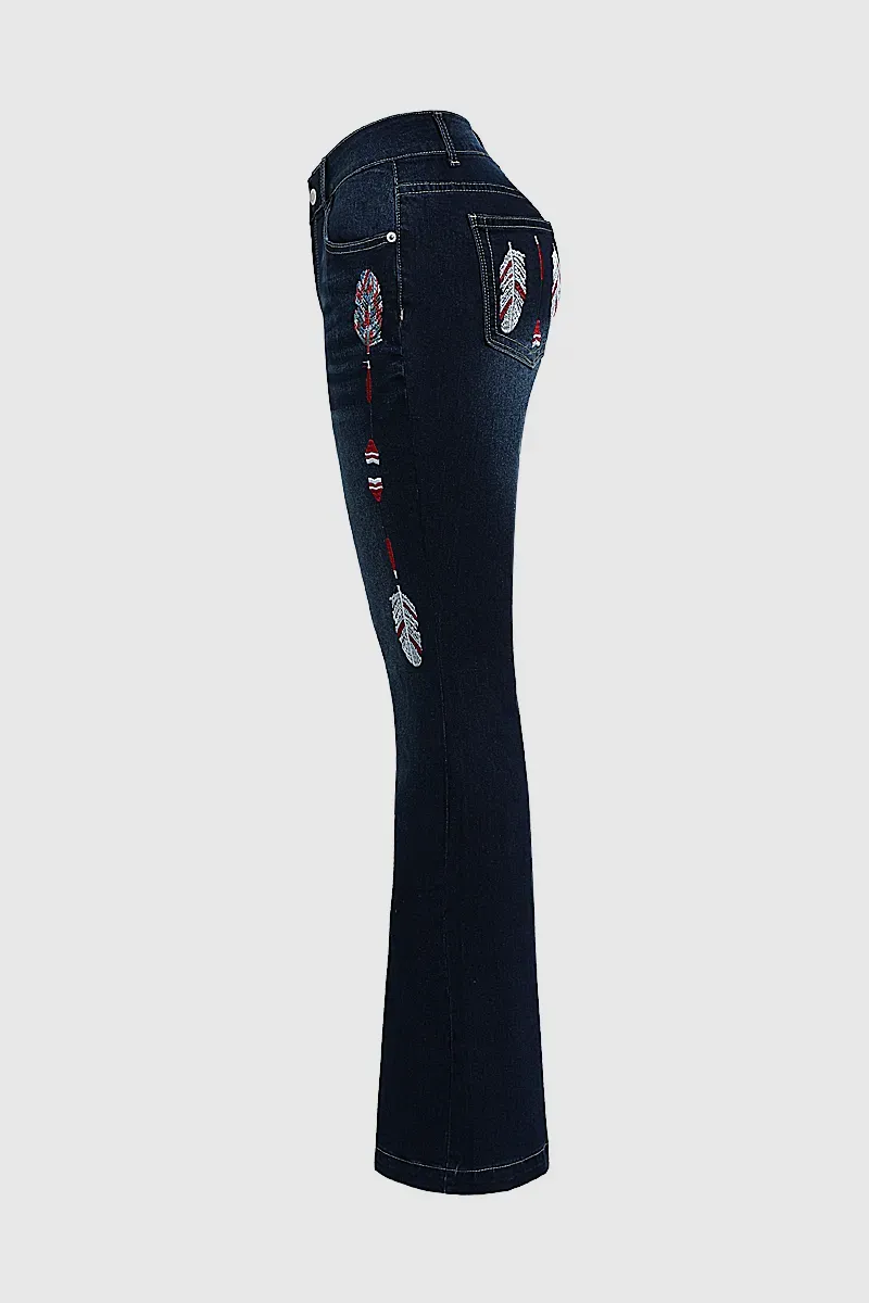 Feather Embroidery Mid Rise Bootcut Jeans