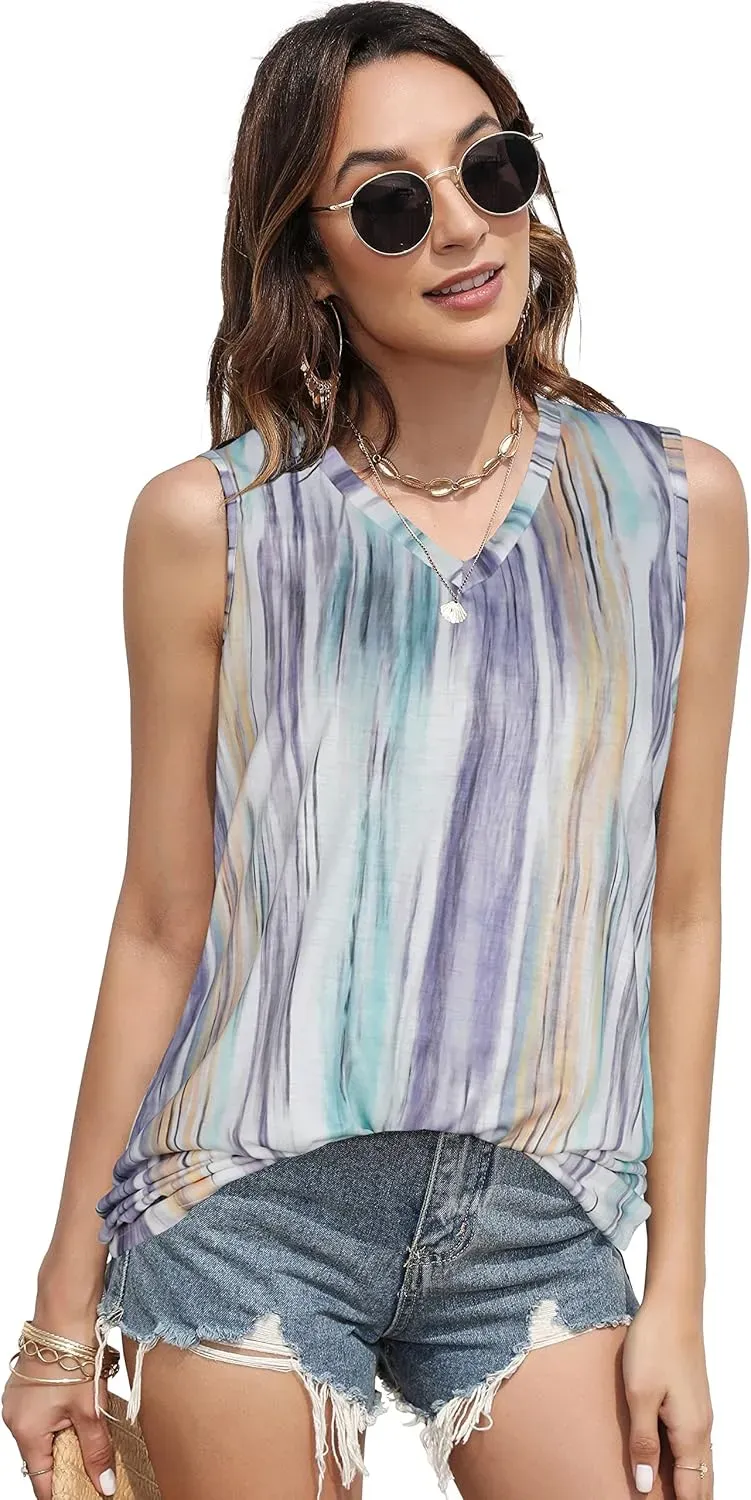 Summer Tops for Women Sleeveless V Neck Tshirt Loose Fit Casual Tank Tunic Blouse