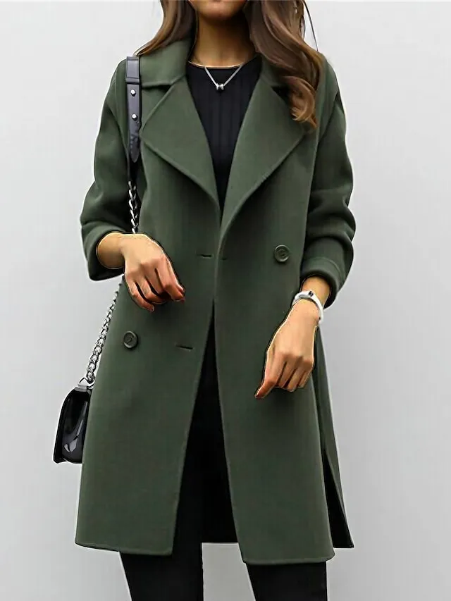 Women's Winter Coat Fall Long Overcoat Double Breasted Pea Coat with Belt Windproof Classic Slim Fit Trench Coat Elegant Outerwear Long Sleeve ArmyGreen S