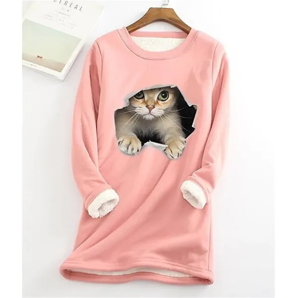 Women's Plus Size Sweatshirt Pullover Cat Teddy Sherpa Fleece Denim Blue Black White Street Casual Round Neck Long Sleeve Top Micro-elastic Fall & Winter
