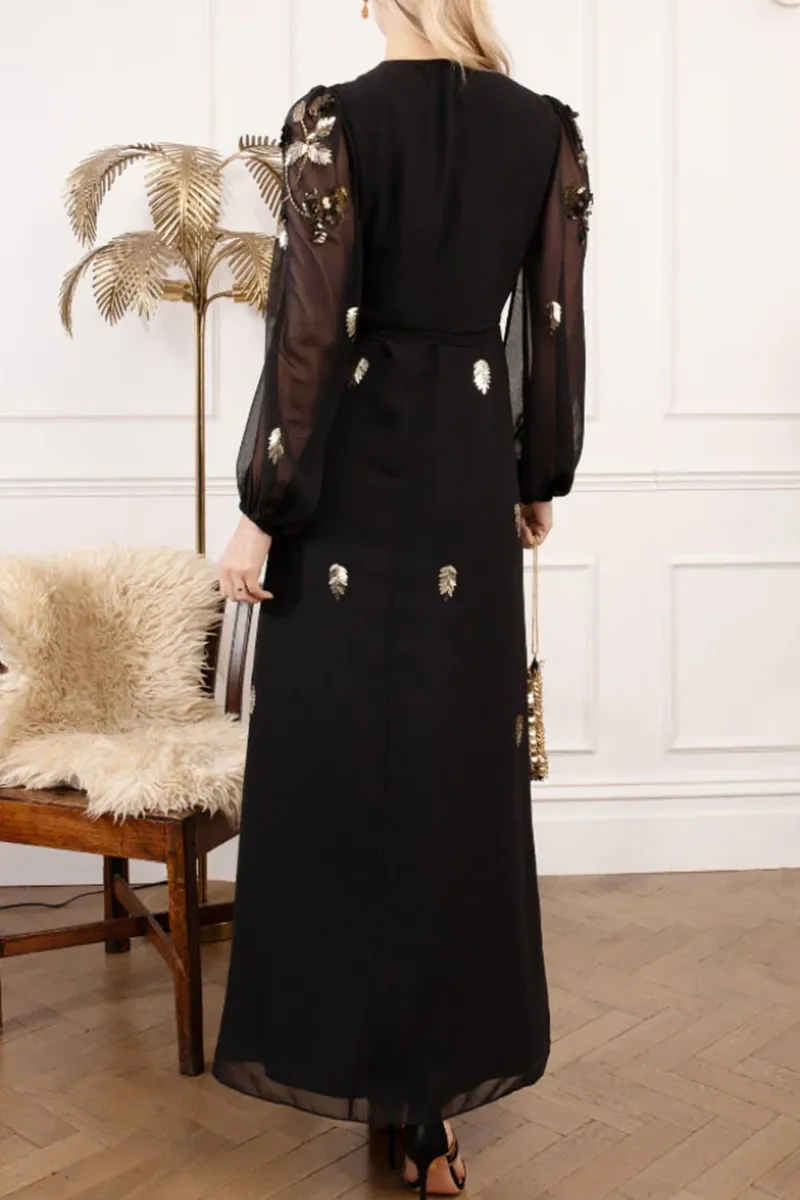 Floral Printed Chiffon Blouson Sleeve Wrap Maxi Dresses