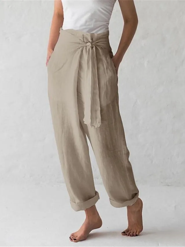 Women's Loungewear Pants Regular Fit Solid Color Fashion Simple Casual Street Linen Breathable Straight Leg Trousers with Pockets Elastic Waistband Self Tie Knot Summer Spring Black White