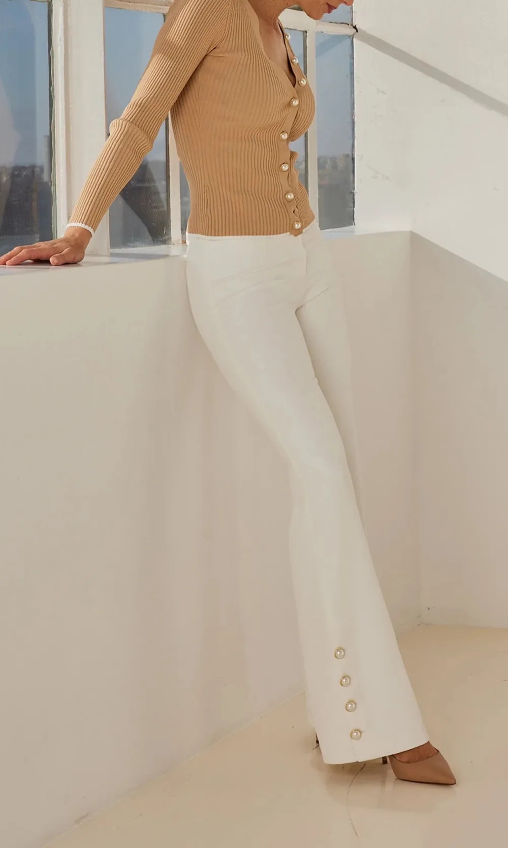Button Detail Wide Leg Pants