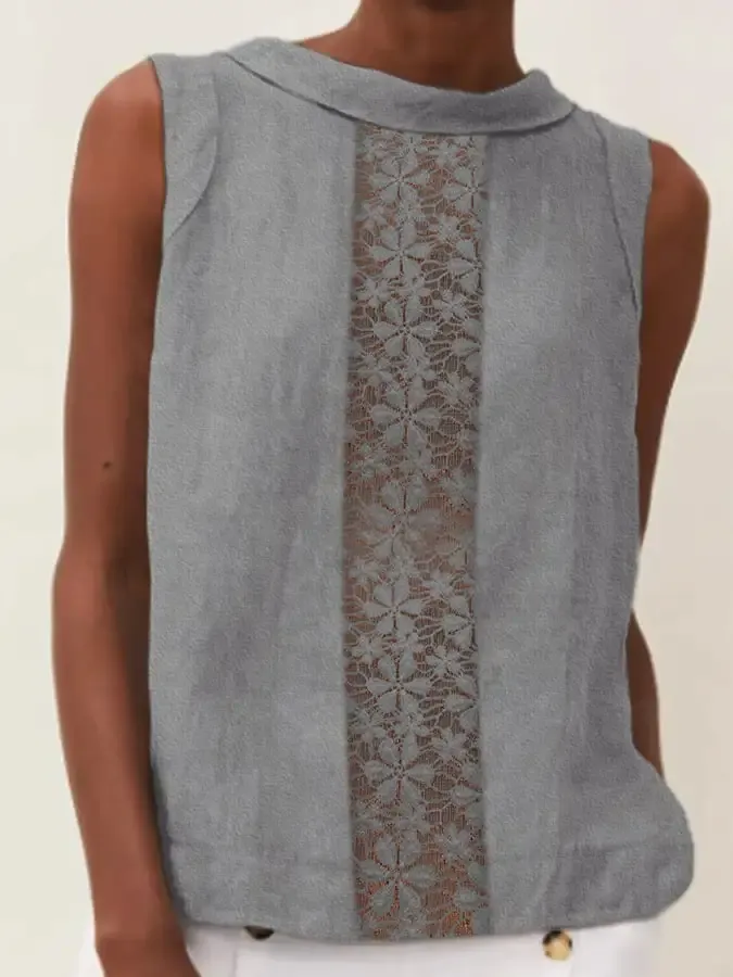 Casual Solid Color Cotton Linen Lace Panel Vest