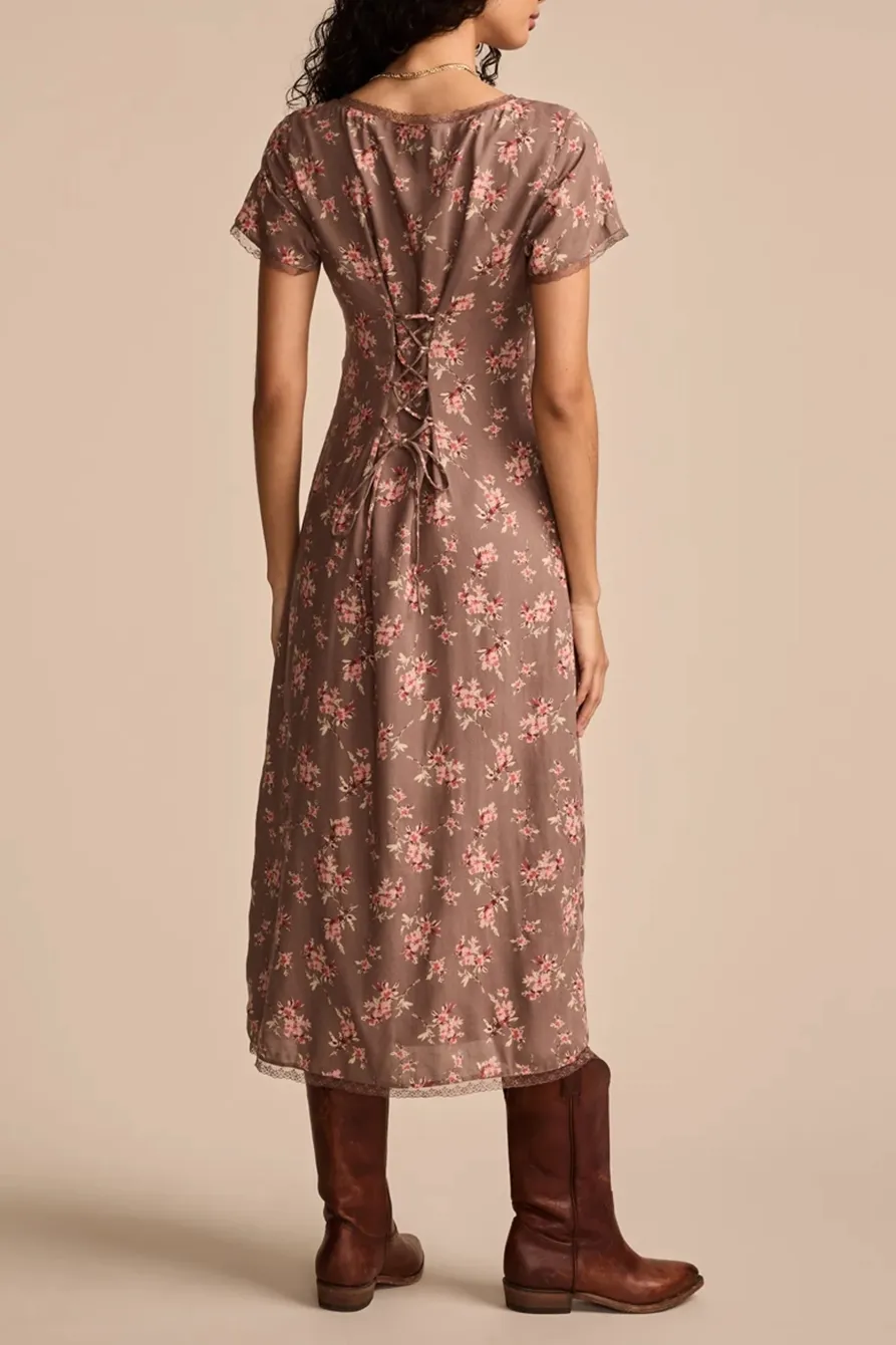 Laupe Floral Lace trimmed Short Sleeve Midi Dress