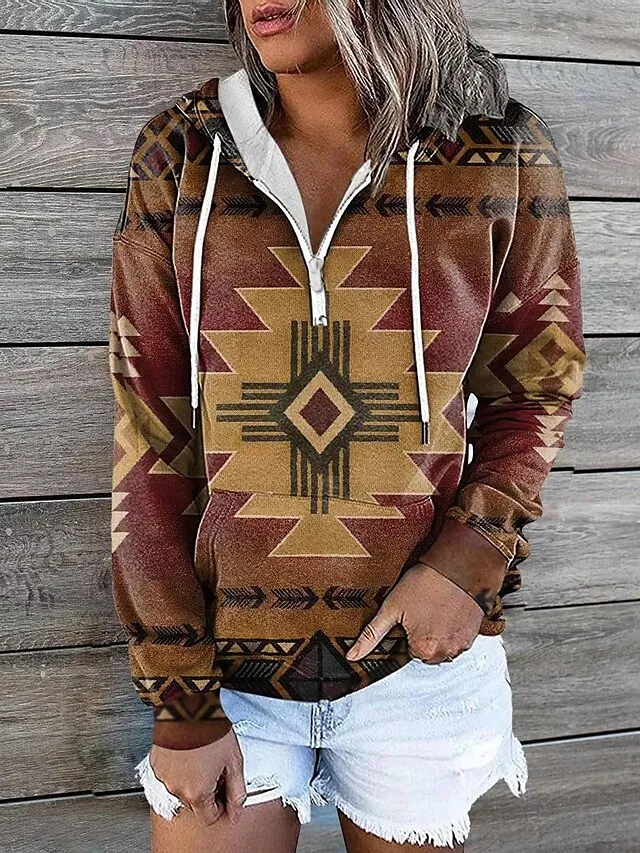 Women's Hoodie Sweatshirt Pullover Vintage Sports Basic Zipper Drawstring Front Pocket Light Yellow Creamy-white smoke grey Geometric Tribal Aztecs Street Casual Hoodie Long Sleeve Top Micro-elastic