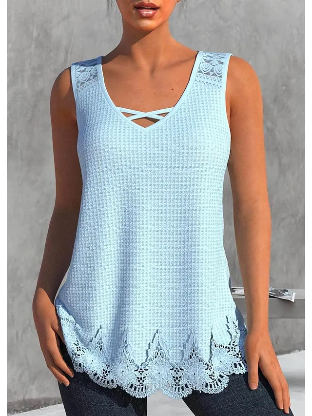 Women's Tank Top White Blue Plain Lace Sleeveless Casual Basic V Neck Regular S