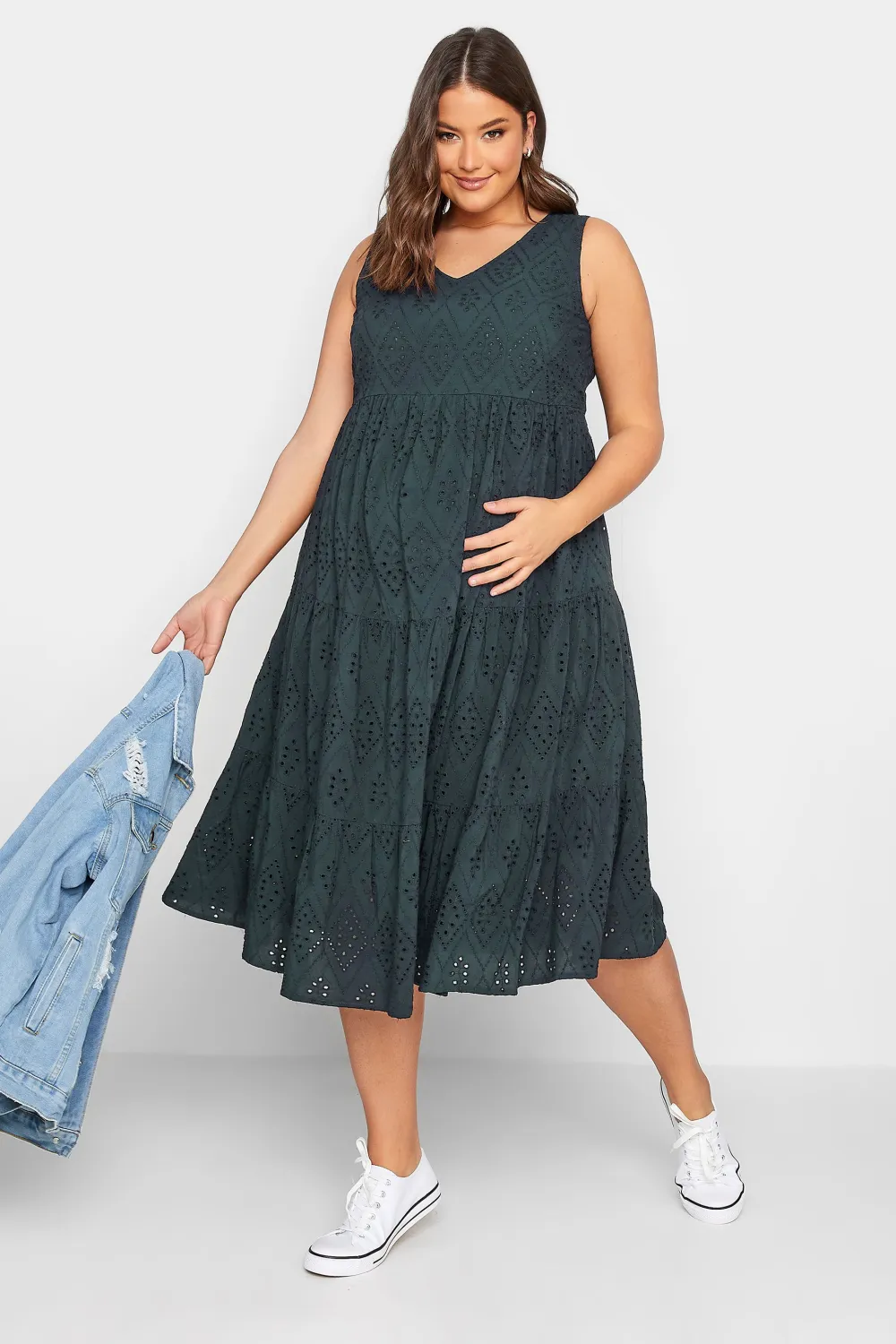 BUMP IT UP MATERNITY Curve Sage Green Broderie Anglaise Tiered Midi Dress