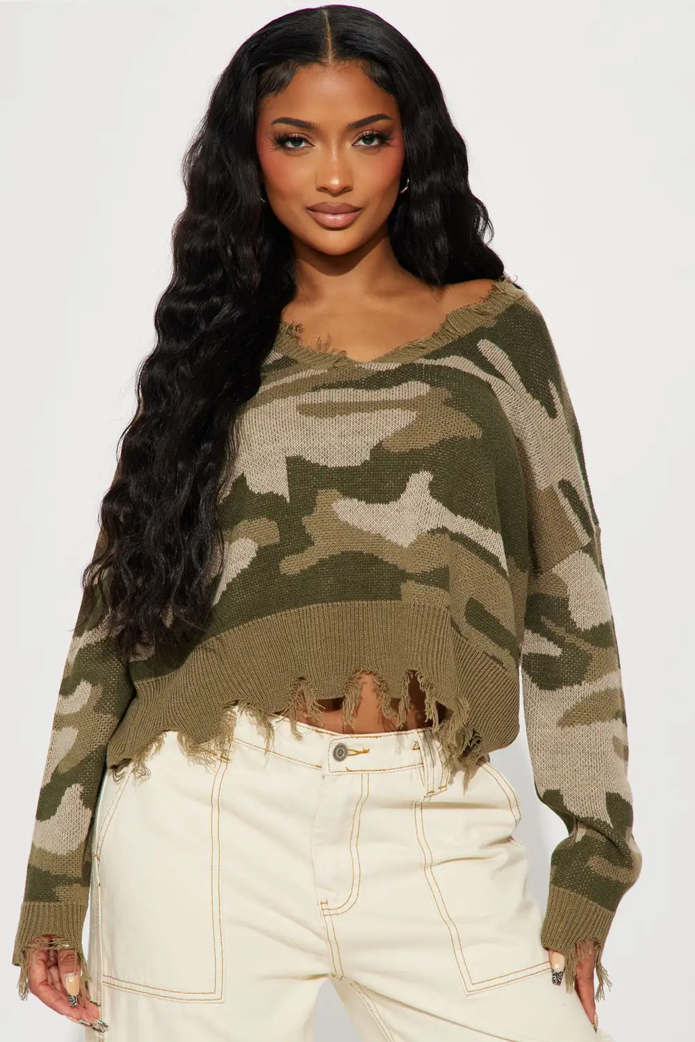 Simply Myself Camo Sweater - Olive/combo  shein