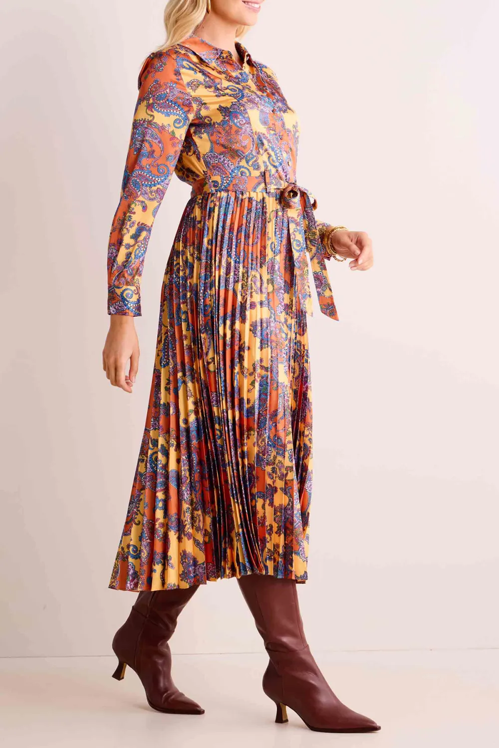 Multicolored Pleated Tie-Waist Maxi Dress