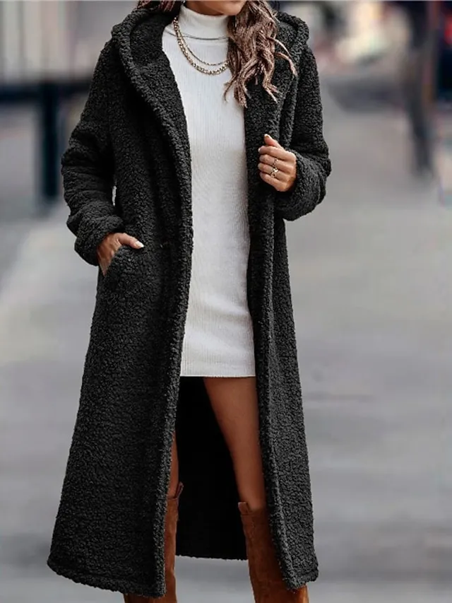 Women's Long Teddy Coat Fall Sherpa Jacket Warm Fleece Daily Going out Button Pocket Buttoned Front Hoodie Casual Solid Color Regular Fit Outerwear Long Sleeve Winter Black Brown Chocolate S M L XL
