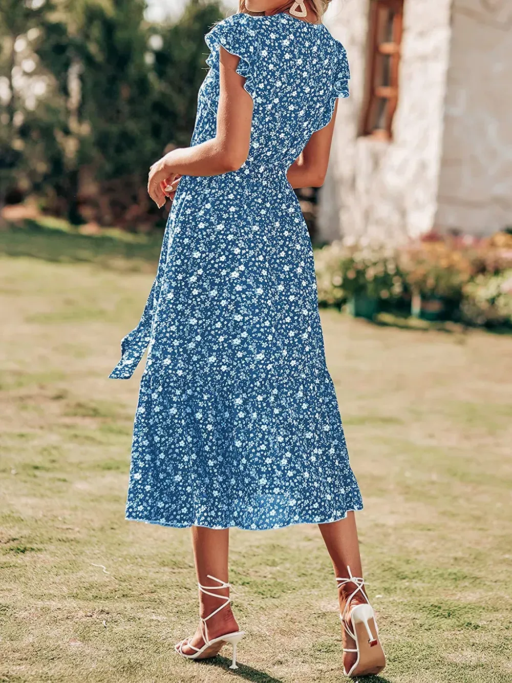 Women Summer Bohemian Floral Casual Wrap V Neck Ruffle Cap Sleeveless Belt A-Line Pleated Hem Swing Midi Sun Dress