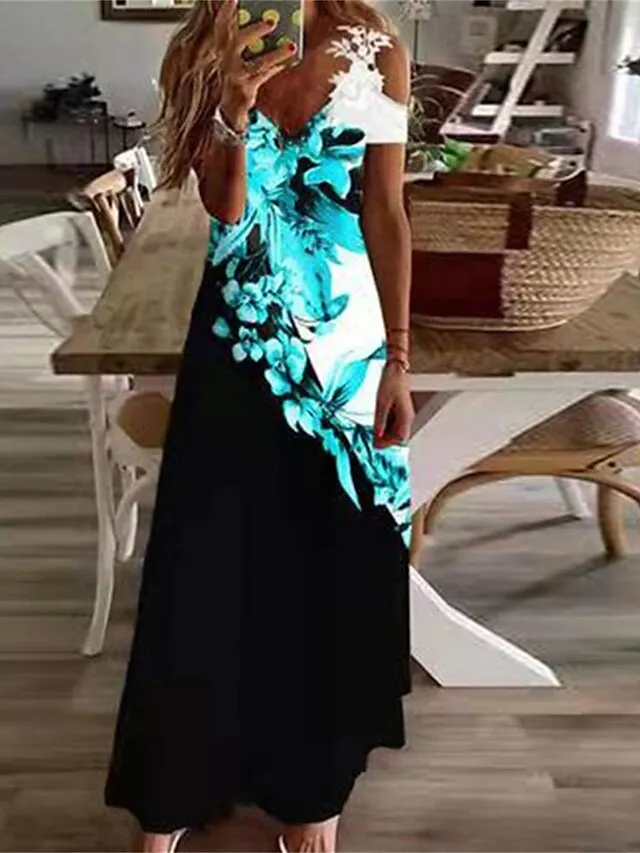 Women's Long Dress Maxi Dress Casual Dress A Line Dress Floral Dress Floral Print Ombre Fashion Casual Outdoor Daily Holiday Cut Out Print Short Sleeve V Neck Dress Regular Fit Light Yellow Black