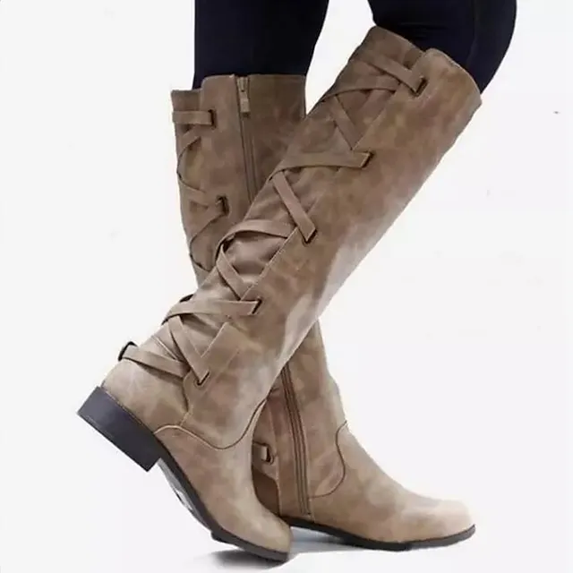 Women's Boots Biker boots Lace Up Boots Riding Boots Party Outdoor Knee High Boots Chunky Heel Fashion Classic Casual PU Solid Color dark brown claret Black