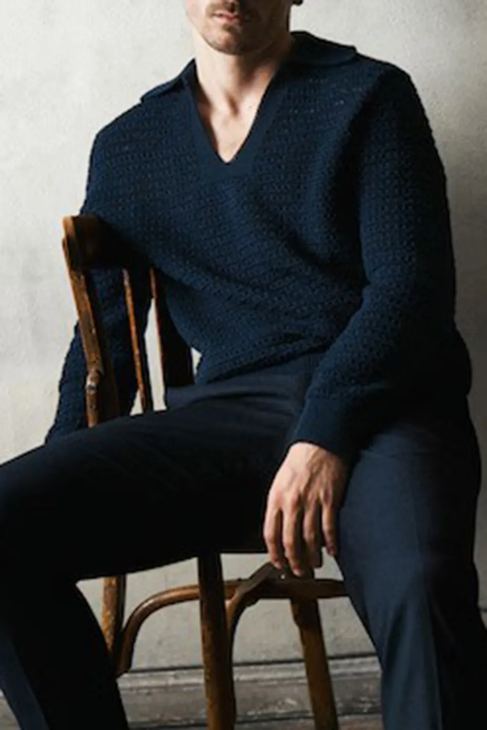 Openwork Knit Polo Neck Sweater