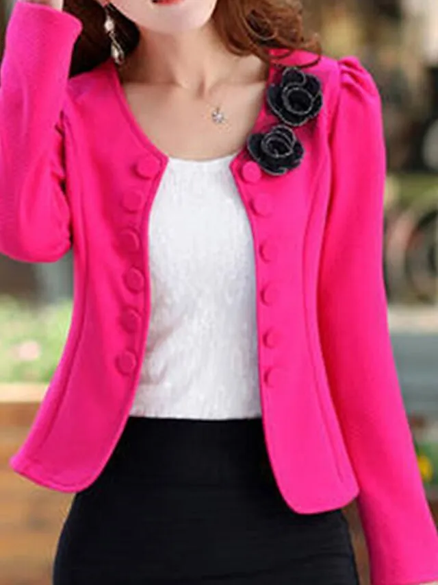 Women's Blazer Fall Short Bow Coat White Black Pink Fuchsia Elegant Street Spring Open Front Round Neck Regular Fit S M L XL XXL 3XL