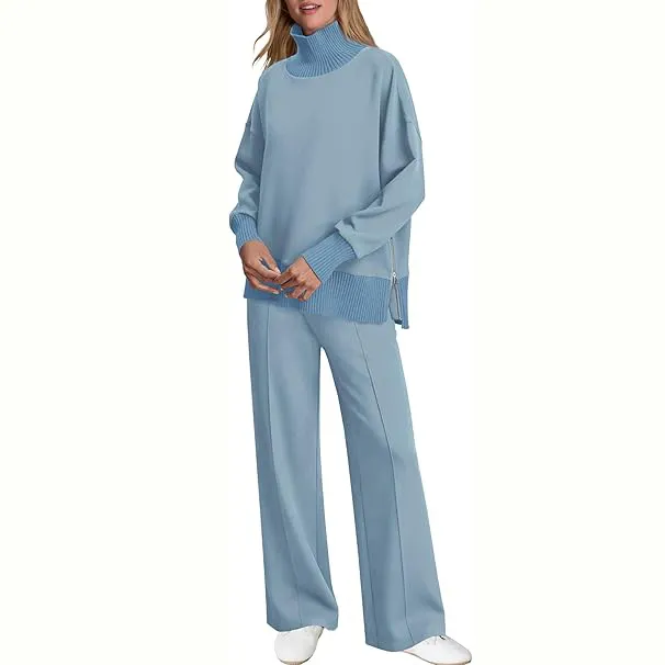 Women's 2-Piece Lounge Set 🧶 | Cozy Knit Turtleneck Top & Matching Pants Outfit