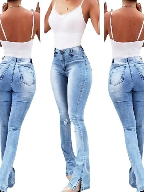 Women‘s Flare Jeans Pants Trousers Full Length Denim Split High Elasticity High Waist Fashion Casual Office Vacation Light Blue bule S M Autumn / Fall
