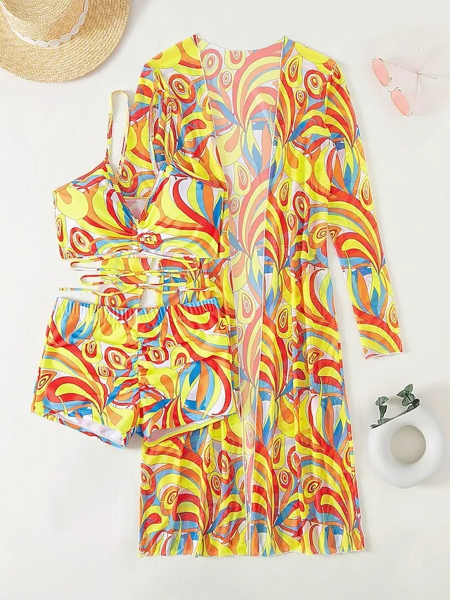 Women's Swimwear Bikini Normal Swimsuit 3-Piece Printing Graphic Black Yellow Blue Purple Orange Bathing Suits Sports Beach Wear Push Up