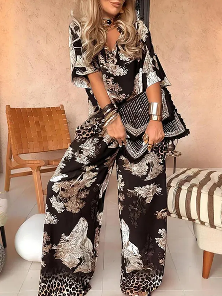 V-Neck Printed Casual Solid Color Loose Two-Piece Suit