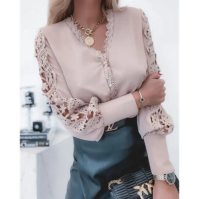 Women's Blouse White Solid Colored Lace Daily Fashion Basic Elegant V Neck Spring Fall Winter